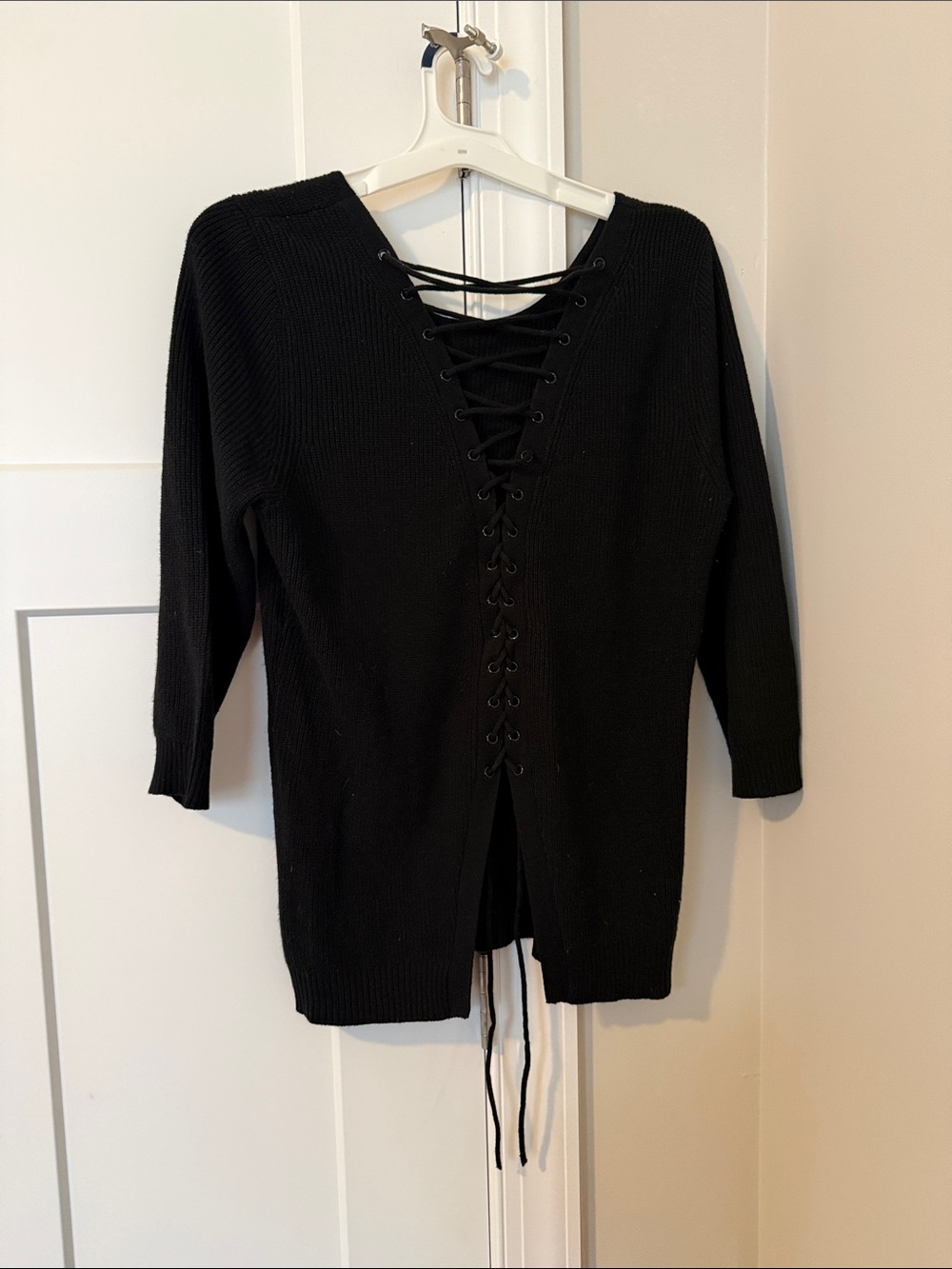 New York & Company Black Scoop Neck Knit Sweater with Back Tie - Picture 2 of 3